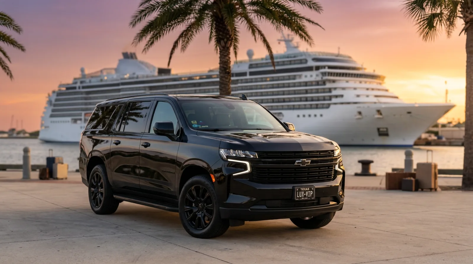 Black Suburban at the Galveston cruise port at sunset