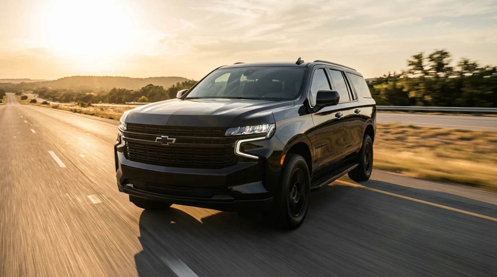 Black Suburban driving on a Texas highway at golden hour