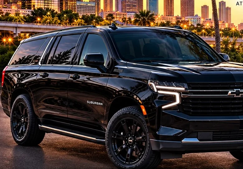 Lux VIP Limo black Suburban at dusk with Houston lights