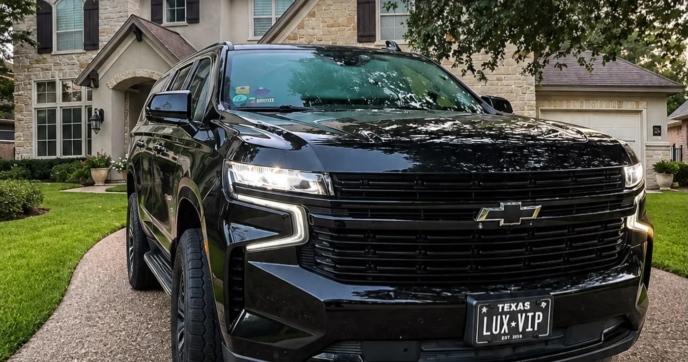 Black Suburban, plate LUX-VIP