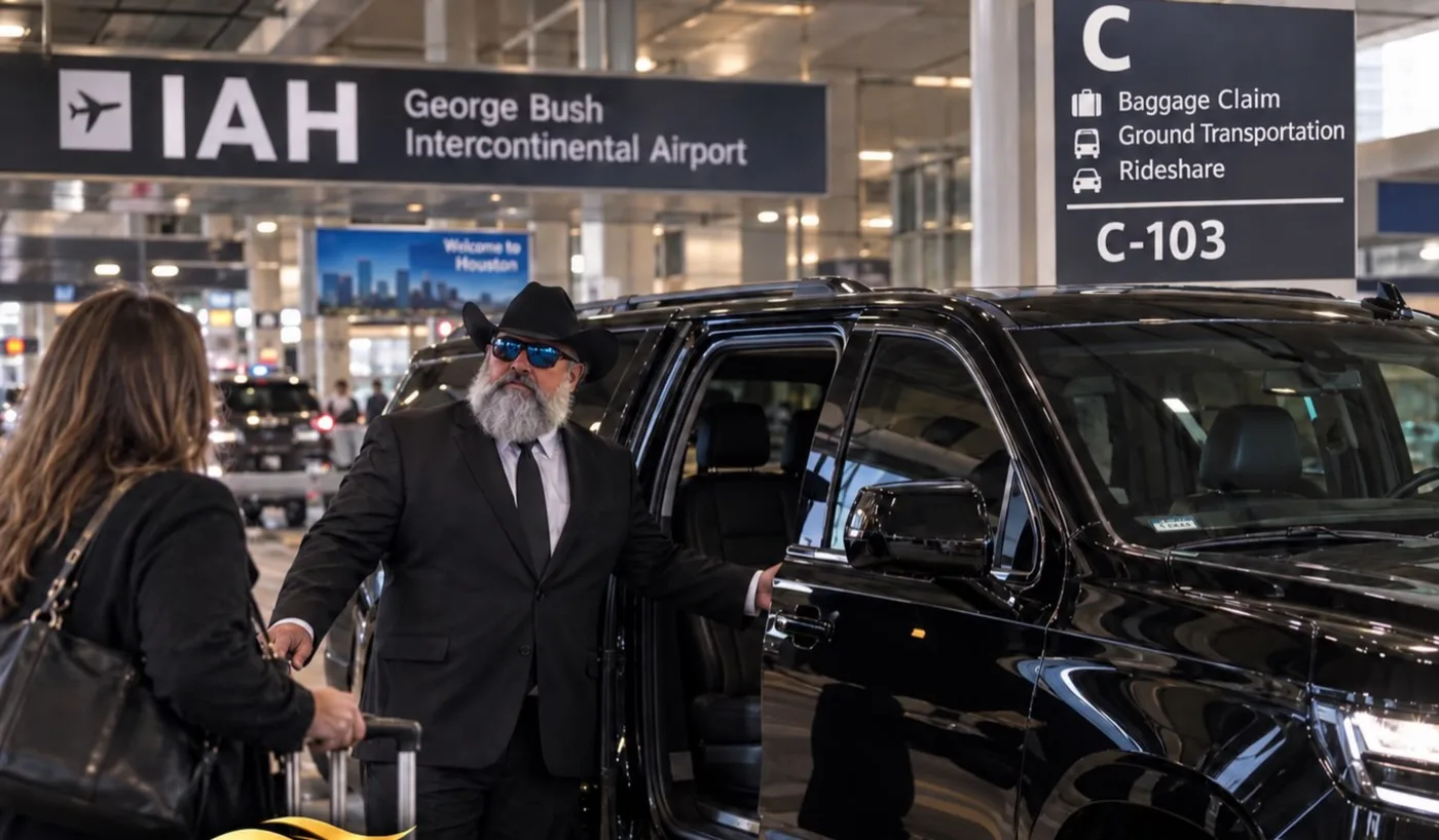 Lux VIP Limo chauffeur greeting a passenger at IAH airport